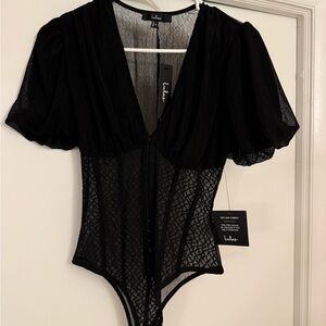 Lulu's Elegant Black Mesh Bodysuit